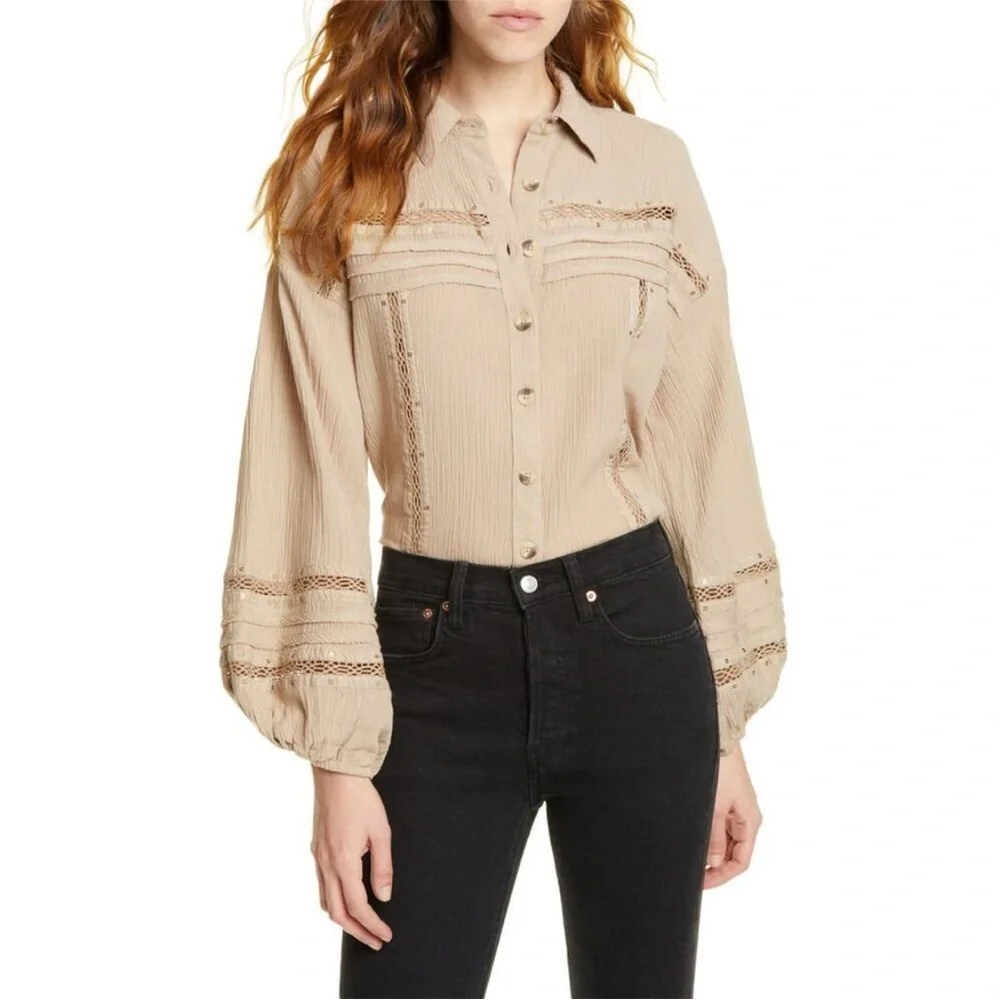 Free People Summer Star Crinkled Brown Lace-Trim Blouse size S